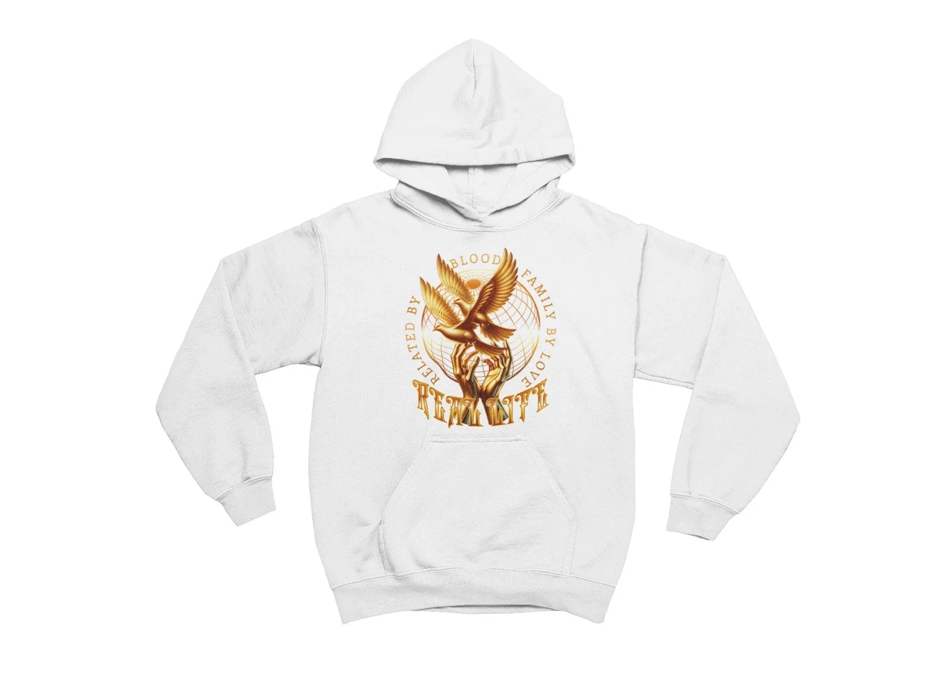 White hoodie with a gold and red graphic design on a white background